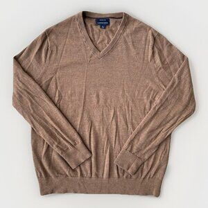 Lands End 100% Merino Wool Sweater Men’s XL 46-48 Tan Beige Pullover V-Neck